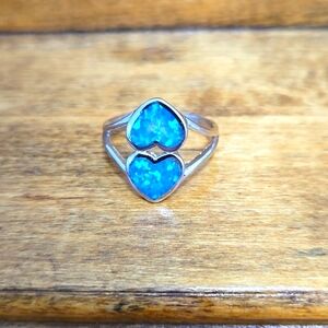 Sterling Silver Lab Created Opal Hearts Split Shank Ring Size 6.75